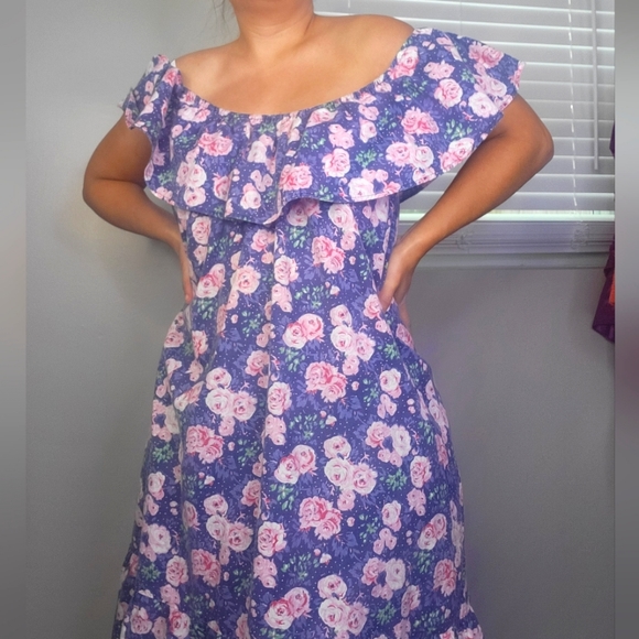 Vintage Dresses & Skirts - Vintage 70s Off The Shoulder Cabbage Rose Floral Dress